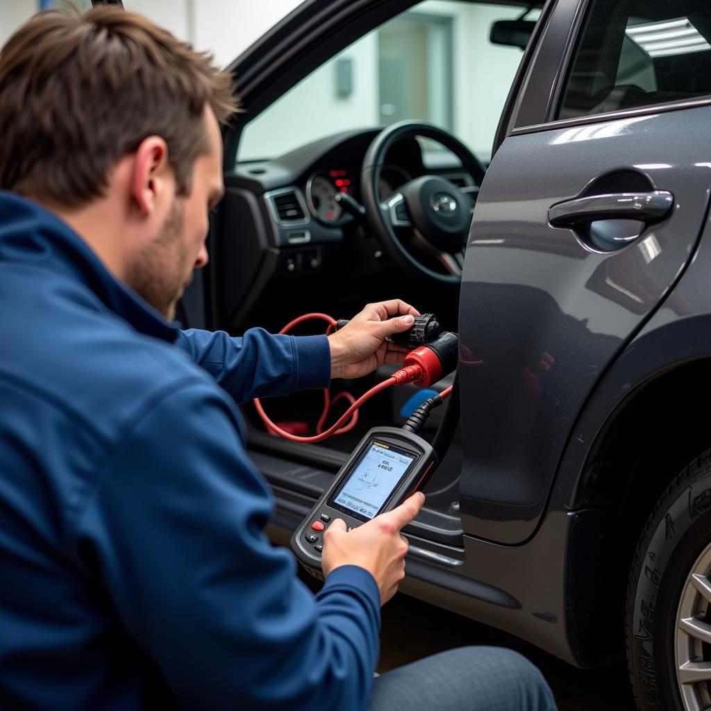 Mechanic Performing Diagnostic Test on Car AC System