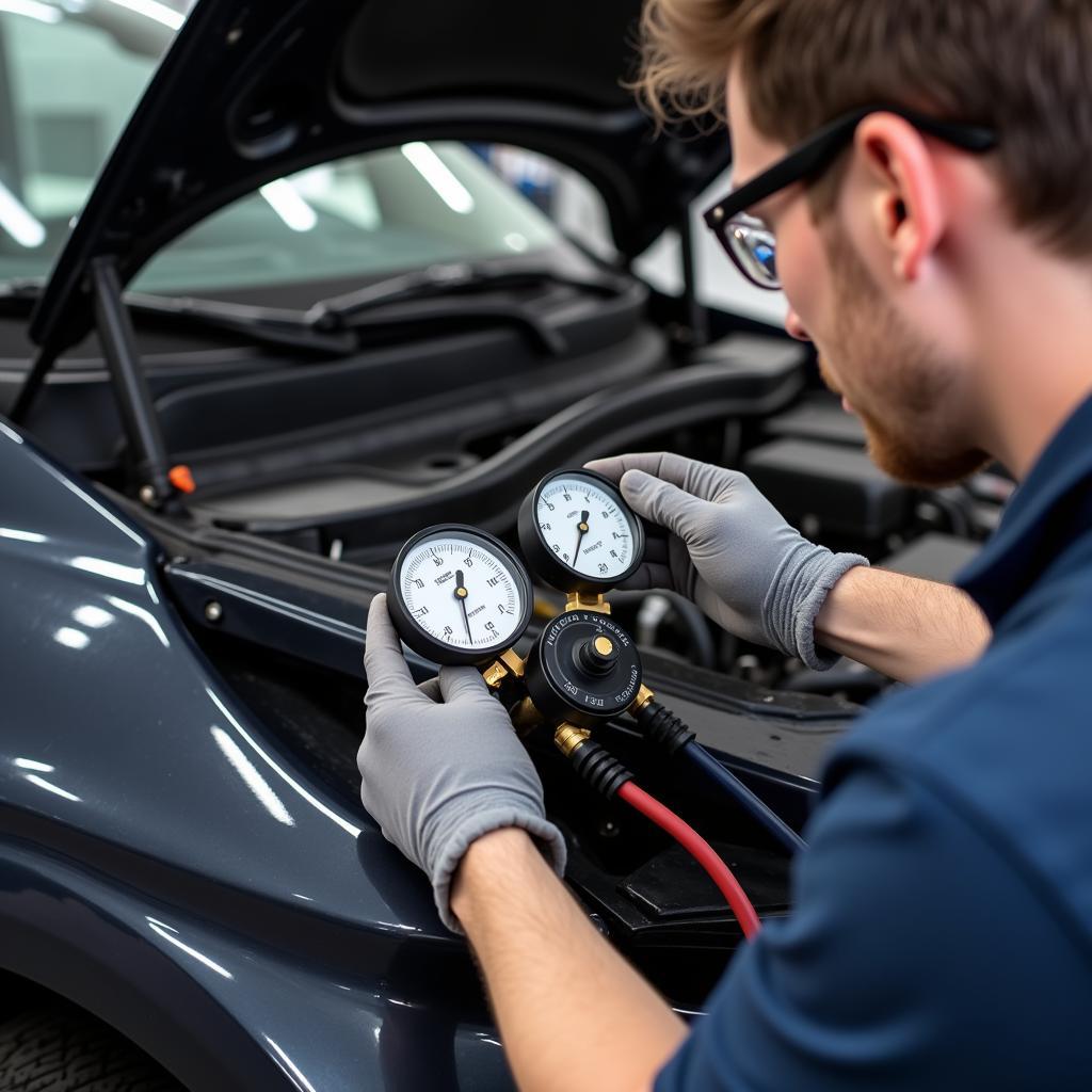 Mechanic Checking Car AC Refrigerant