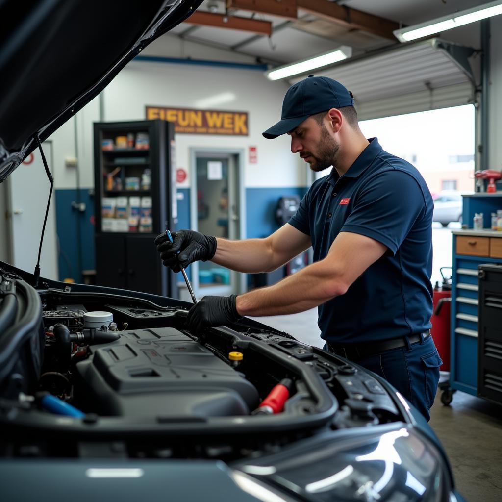 Technician Repairing Car AC System in a Shop