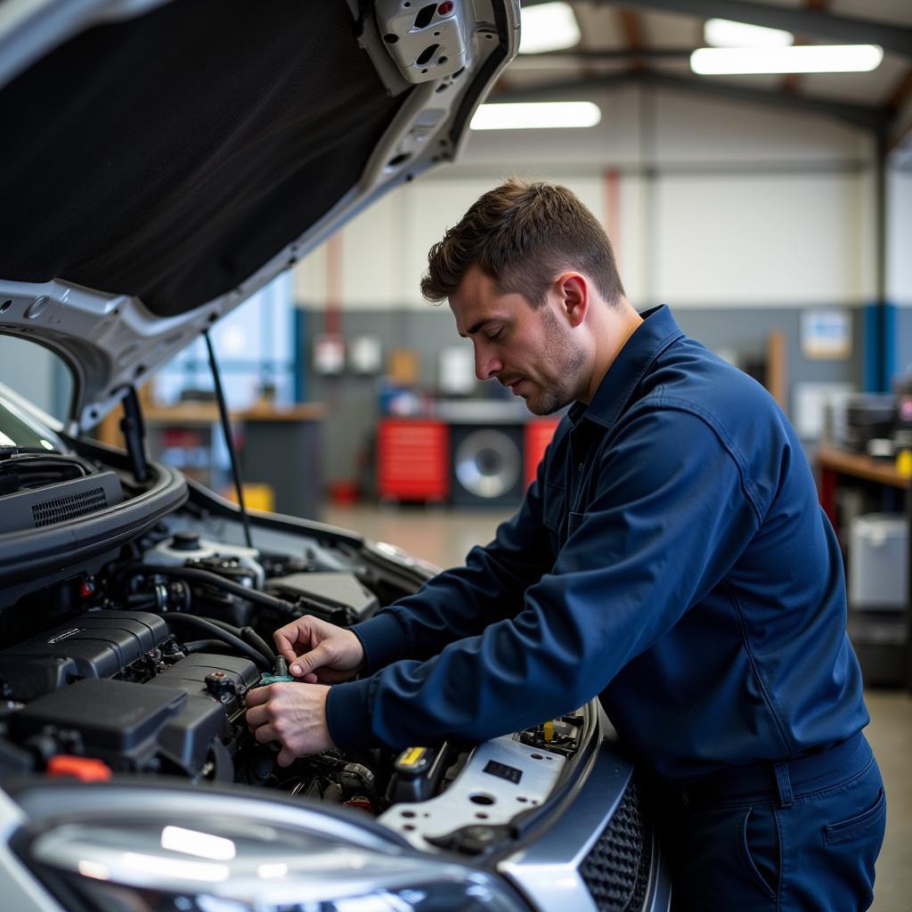 Mechanic repairing a car air conditioning system in a professional shop