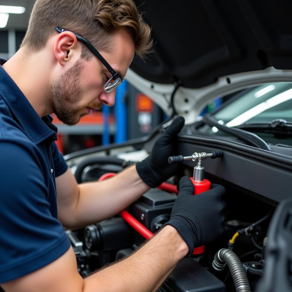 Mechanic Working on Car AC System