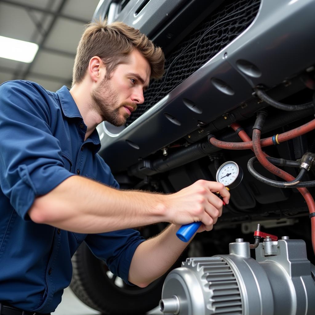 Technician checking a car's AC system