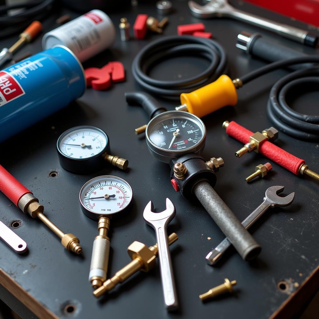 Car AC repair tools on a workbench