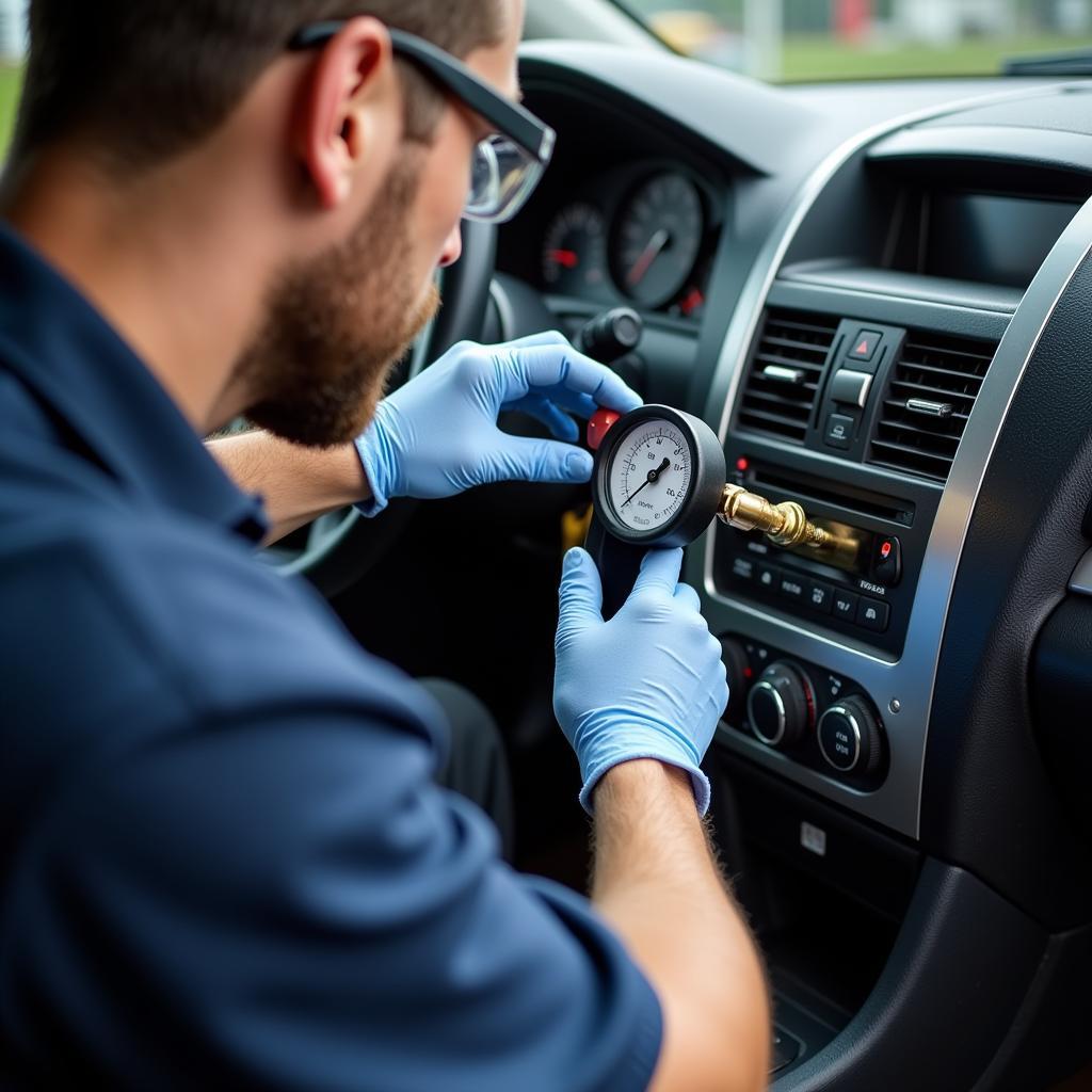 Technician checking car AC system pressure