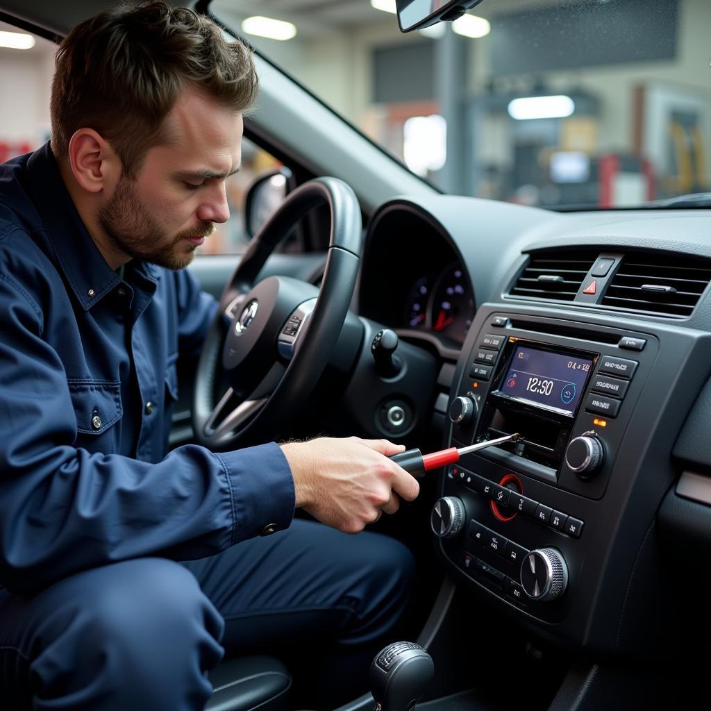 Car audio repair shop technician working