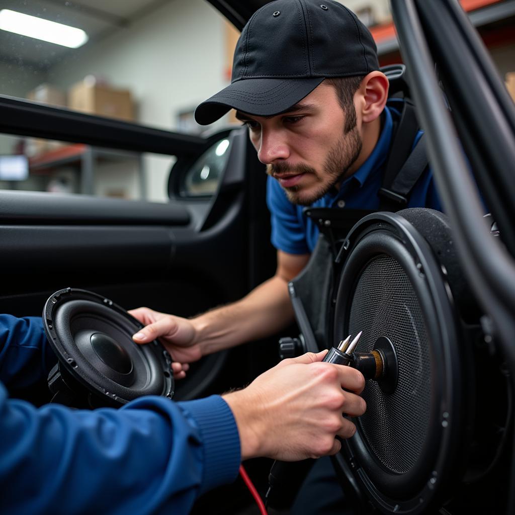 Car Audio Technician Diagnosing and Repairing Speaker