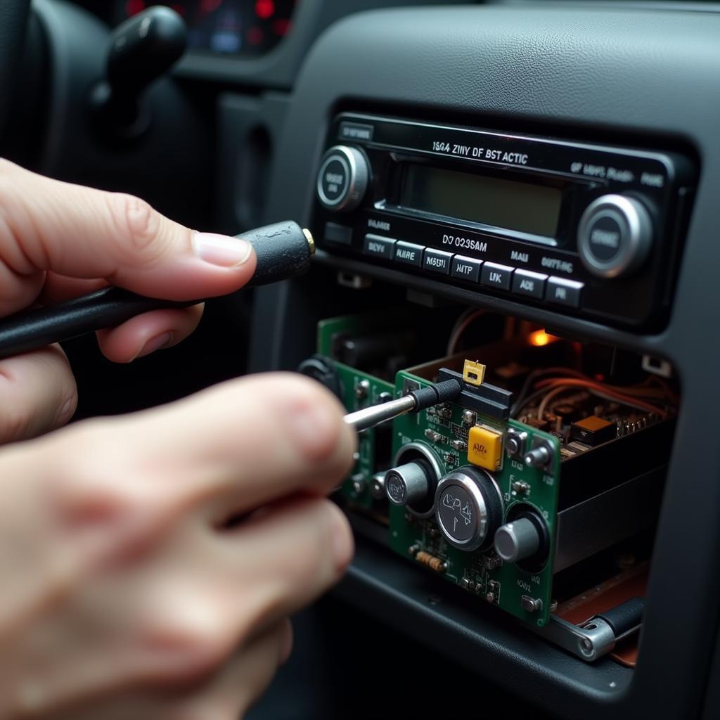 Car Audio Technician Repairing a Cassette Player