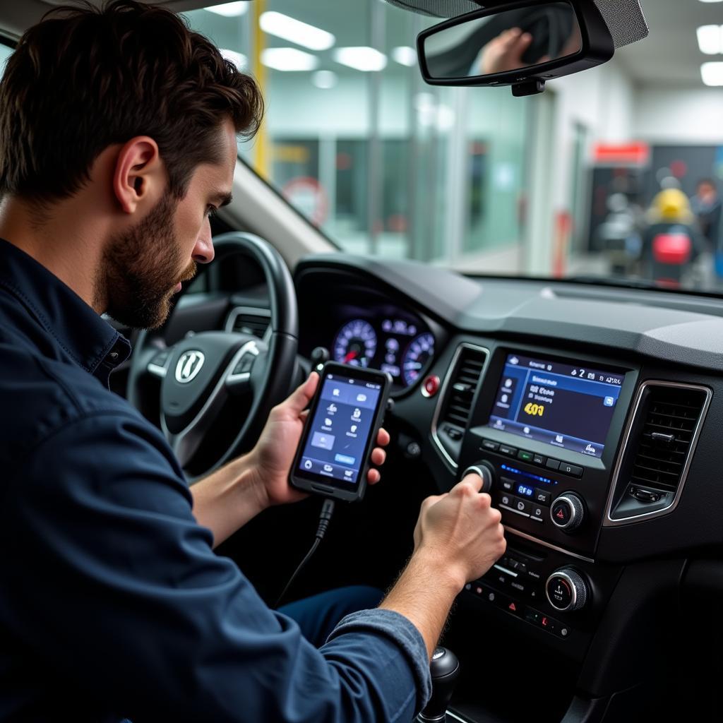 Car Audio Technician Repairing Car Stereo