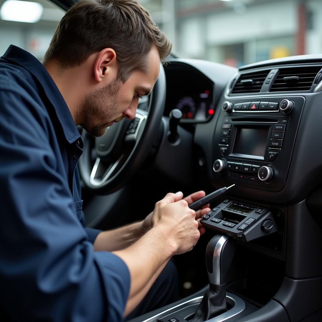 Car Audio Technician Repairing Tape Player