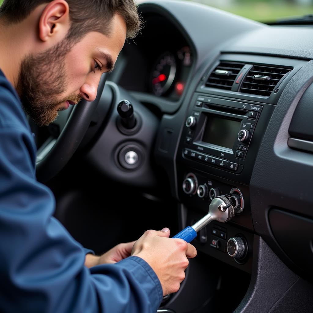 Car Audio Technician Repairing Car Speakers