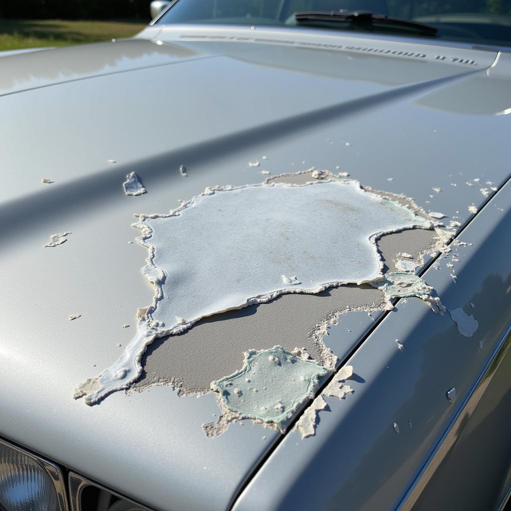 Close-up view of flaking clear coat on a car