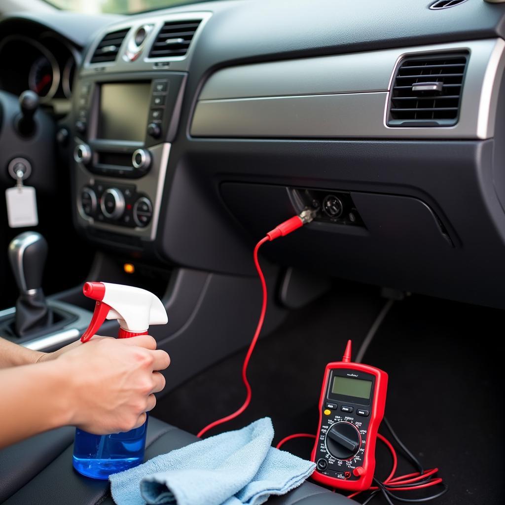 Car Detailing and Electrical Problems: A technician inspects a car's electrical system after detailing, checking for water damage, loose connections, and other potential issues.