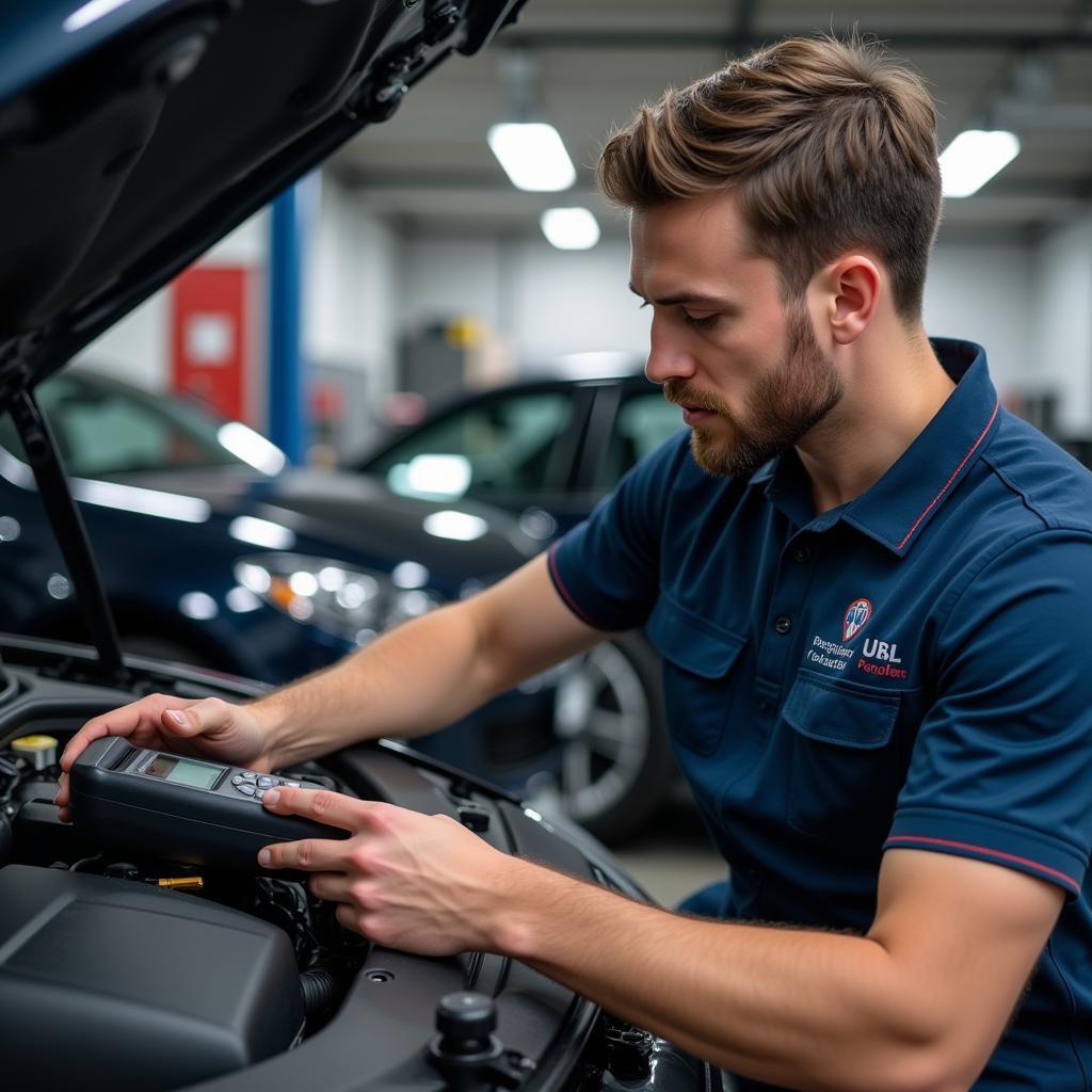 Mechanic Performing a Diagnostic Check on a Car