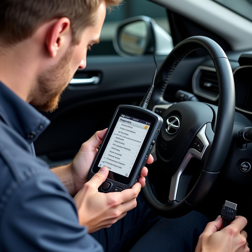 Car diagnostic scan tool being used to read DTCs