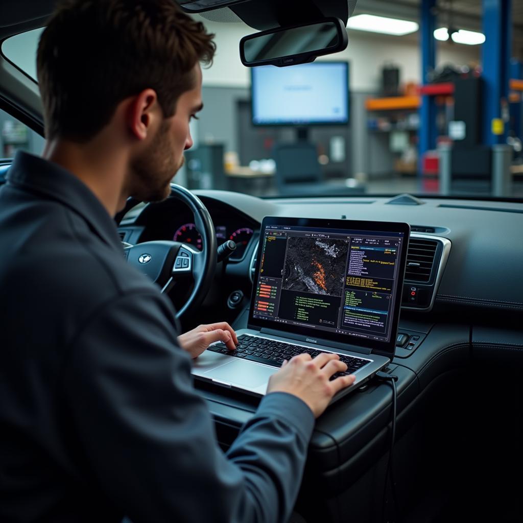 A mechanic using diagnostic software to troubleshoot complex electronic systems in a modern car.