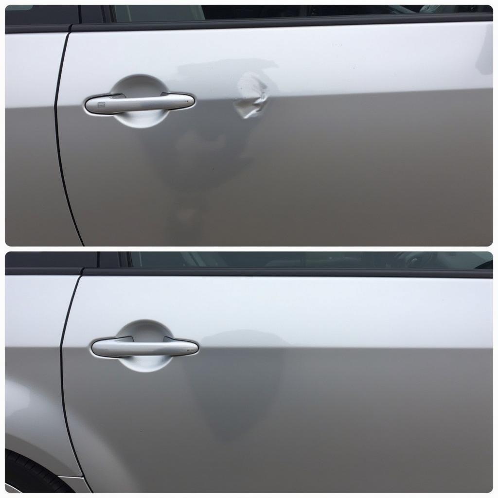 Before and after images of a car door dent repair