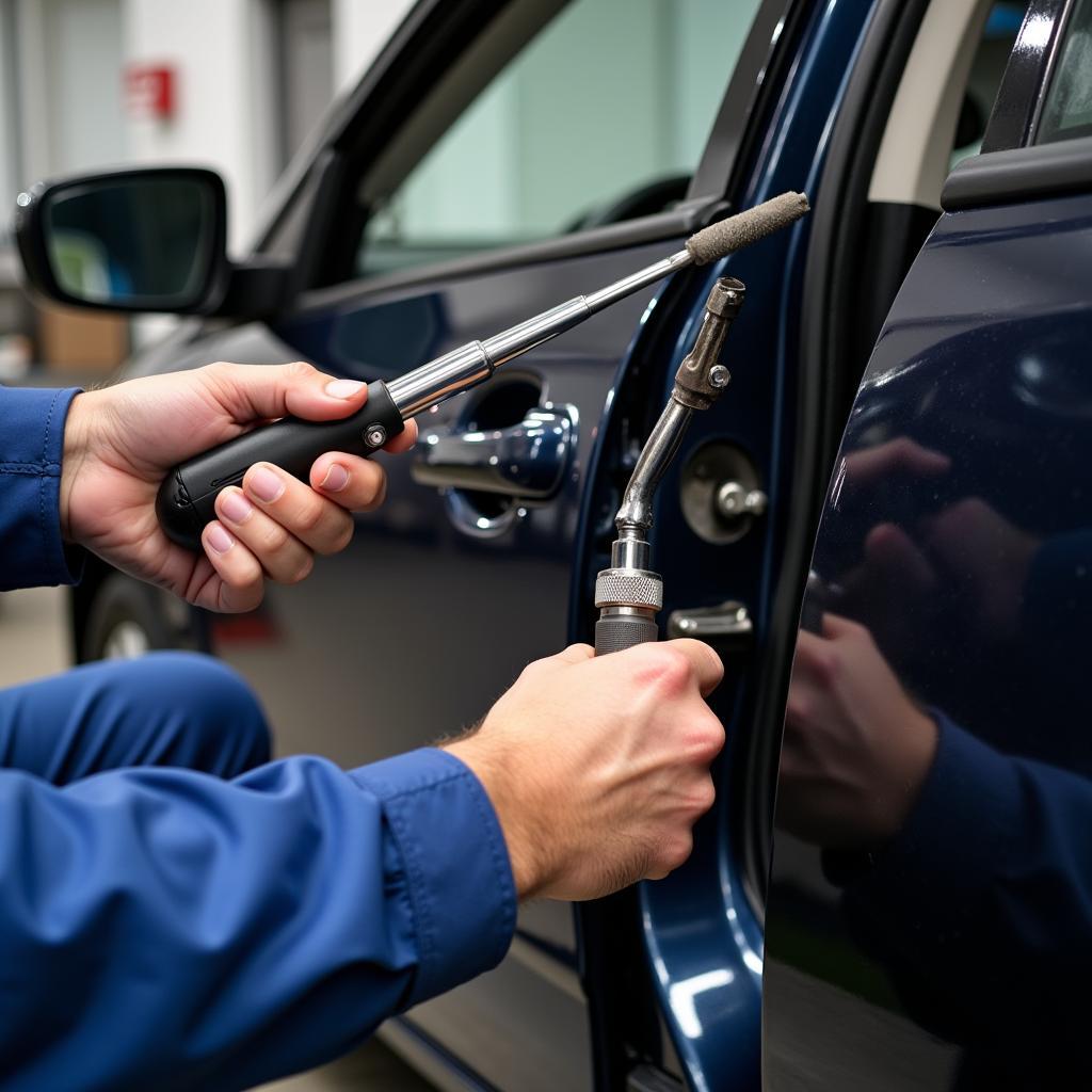 Mechanic Repairing Car Door Jam