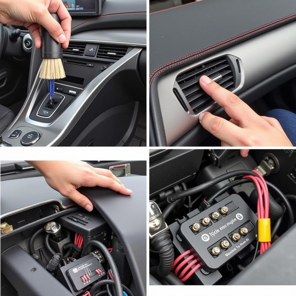 Car Electrical System Dust Protection: Close-up of a car’s electrical connections being cleaned with a brush and compressed air to remove dust and prevent malfunctions during a dusty road trip.