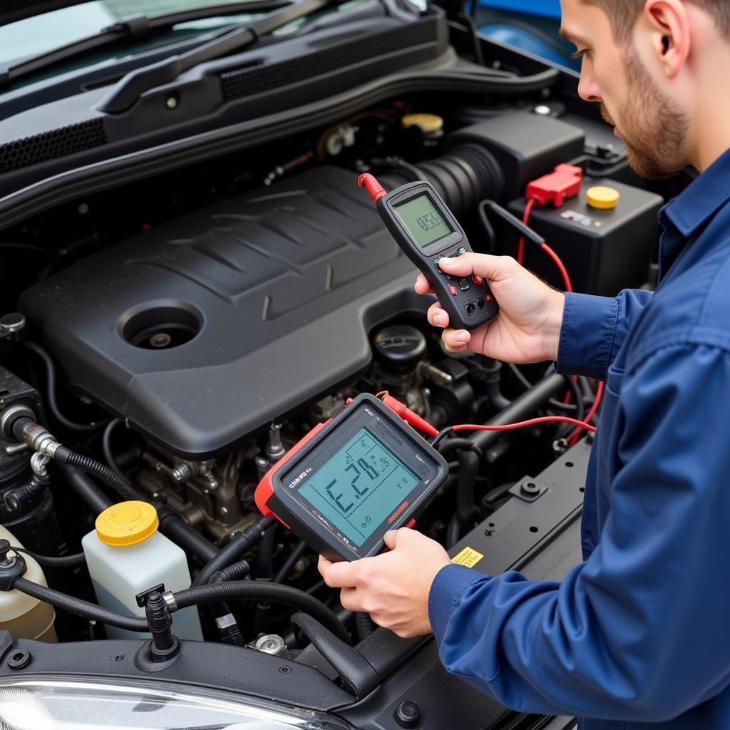 Mechanic using diagnostic tools on a car engine