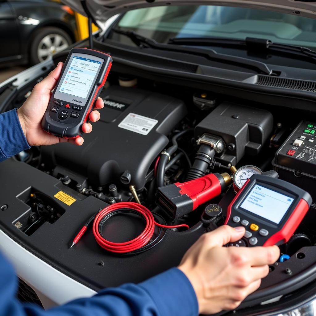 Car Diagnostic Tools: A mechanic uses various diagnostic tools to quickly identify and fix a car problem, ensuring efficient velocity in the repair process.