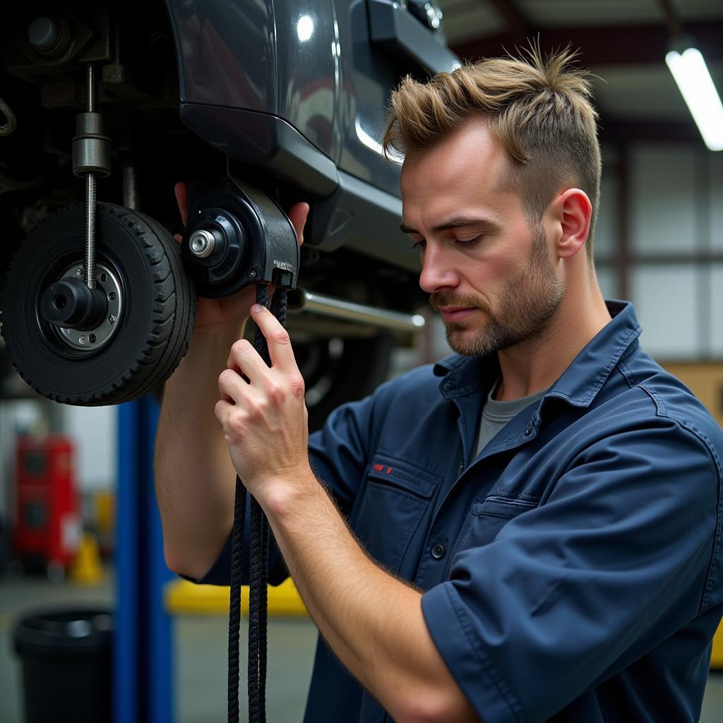 Mechanic Inspecting Car Lift Pulley System for Damage and Wear