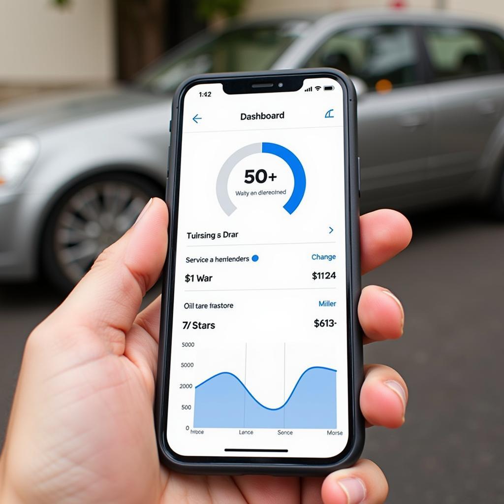 Car maintenance app dashboard showing mileage, upcoming service and expense tracking.