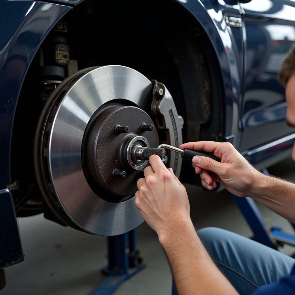 Inspecting car brakes during a maintenance check