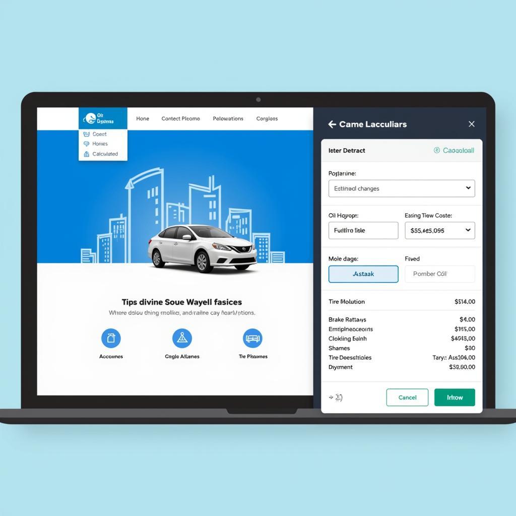 Car maintenance calculator interface showing input fields for car details and estimated costs