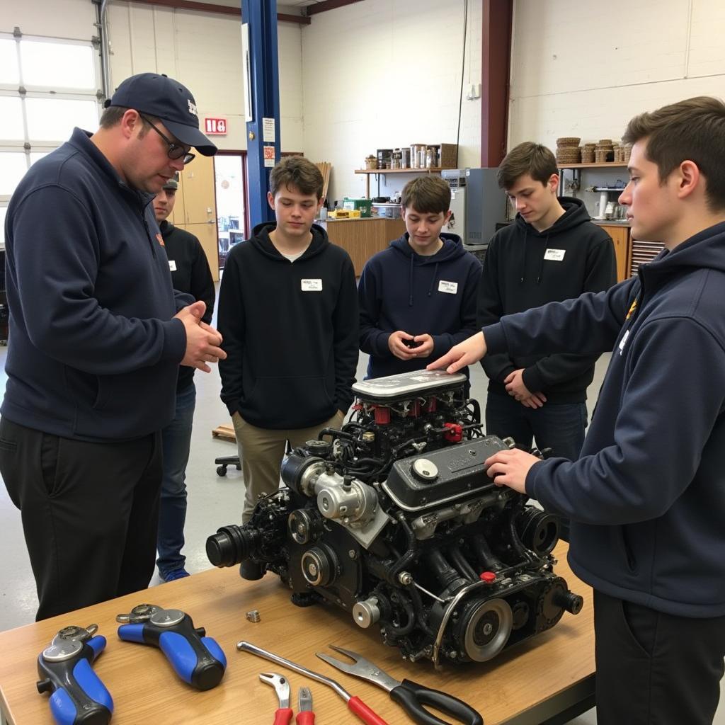 Students Learning Engine Repair in Car Maintenance Class Madison