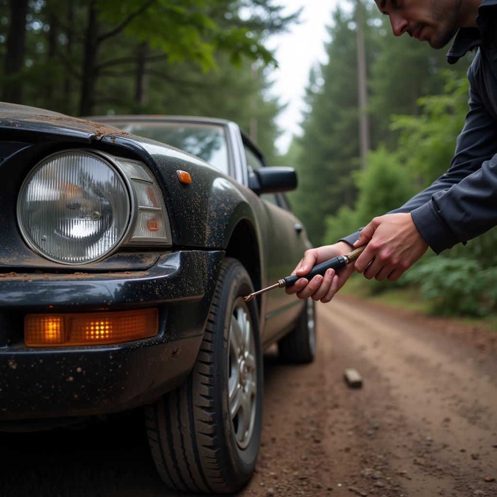 Car maintenance on a countryside dirt road