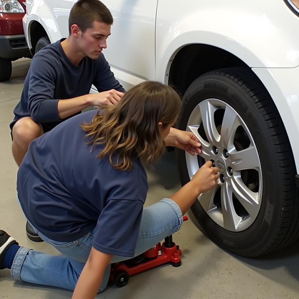 Students Practicing Tire Rotation in a Car Maintenance Course in Galway