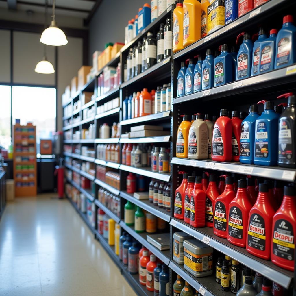 Car maintenance products displayed neatly on shelves in a well-organized store.