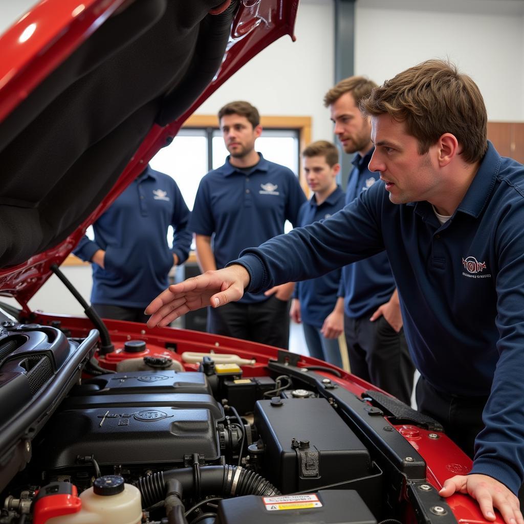 Instructor Explaining Engine Components in a Car Maintenance Short Course