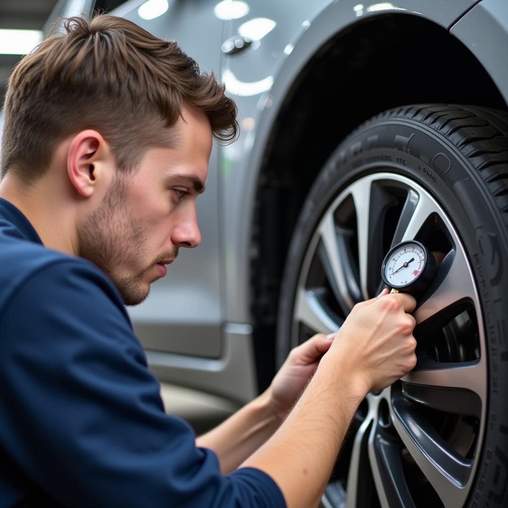 Student Checking Tire Pressure During Car Maintenance Short Course