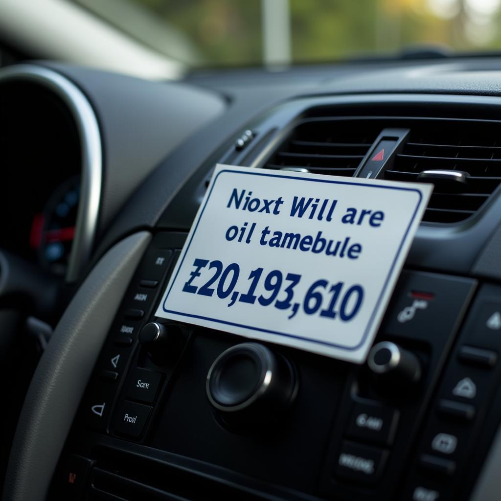 Car maintenance sticker on a car dashboard