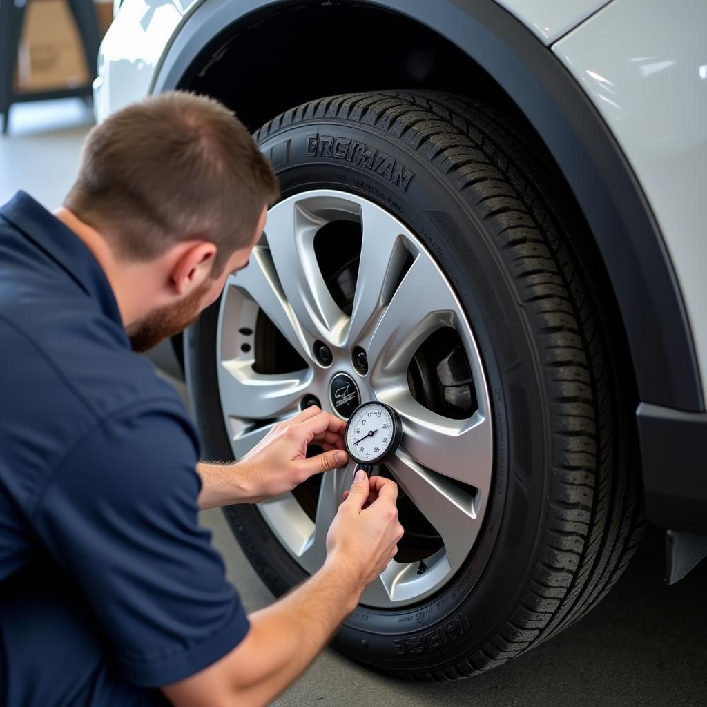 Checking tire pressure and tread depth during car maintenance