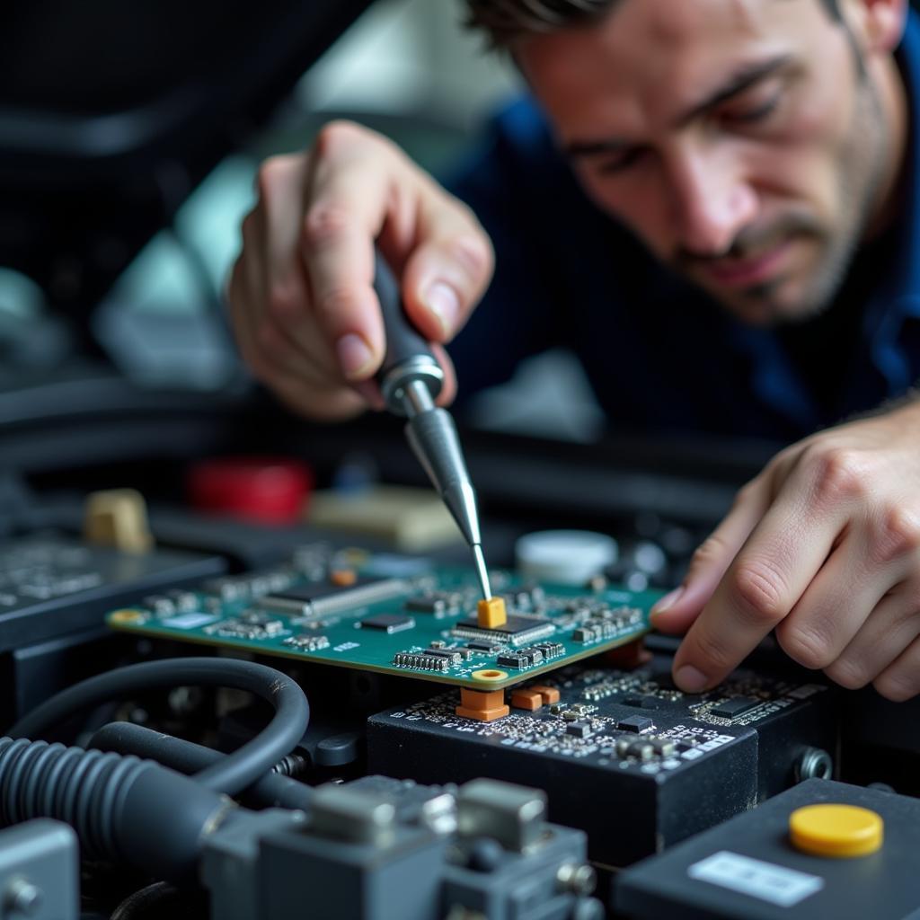 Car Mechanic Checking a Microchip Module