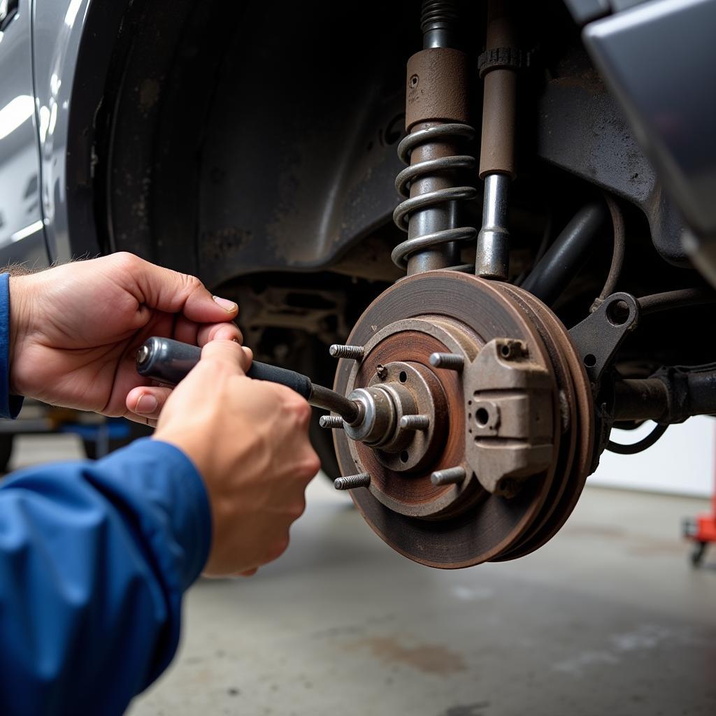 Car mechanic repairing a leg problem in a car, showing the process of replacing a damaged component.