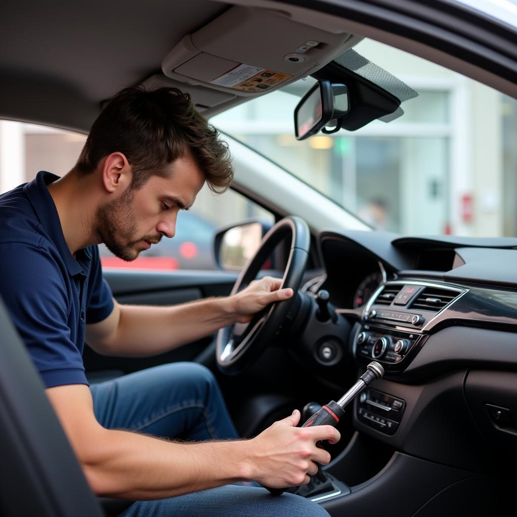 Car Mechanic Repairing Sun Visor