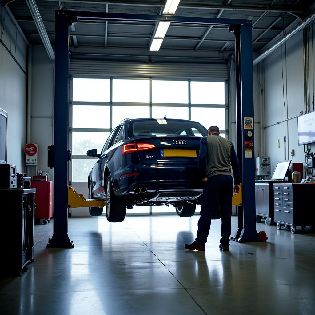 Car on a Lift for Inspection in a Garage