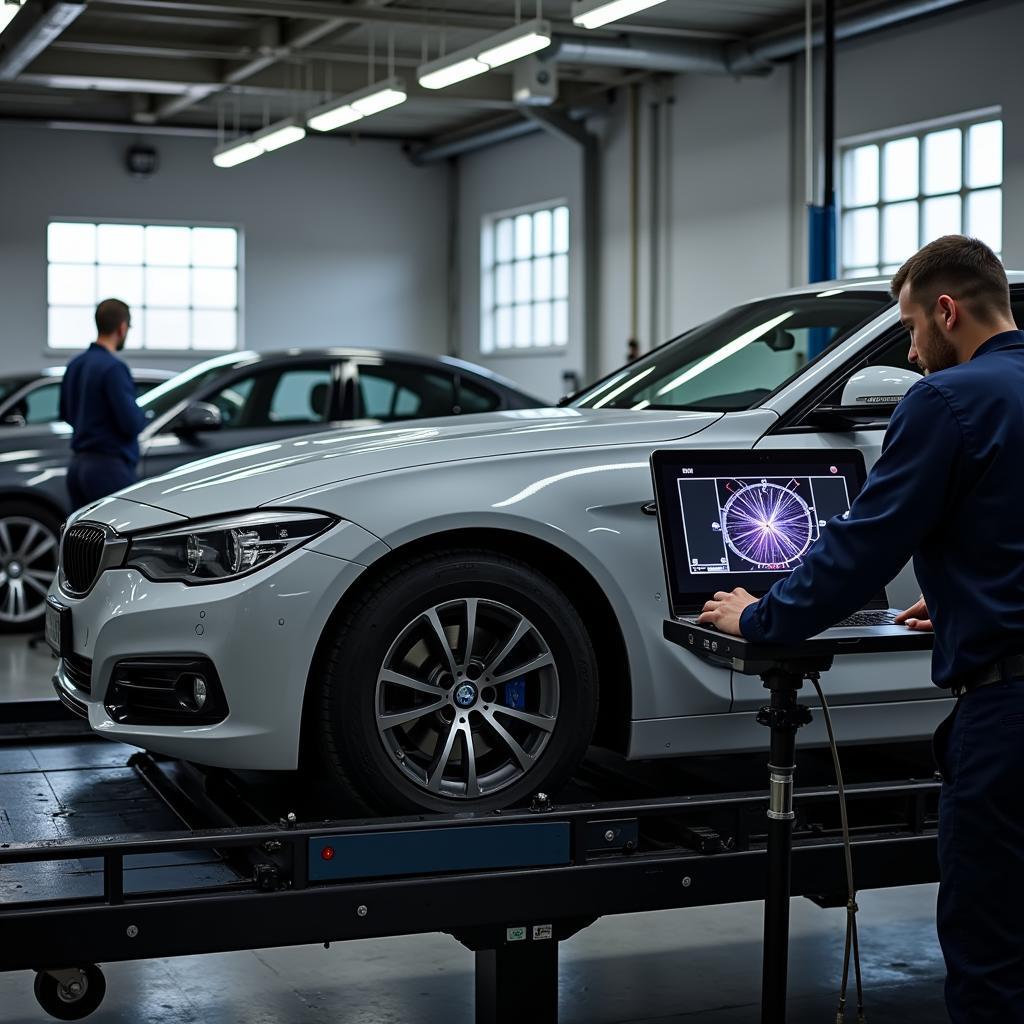 Car Undergoing Alignment Check on a Machine