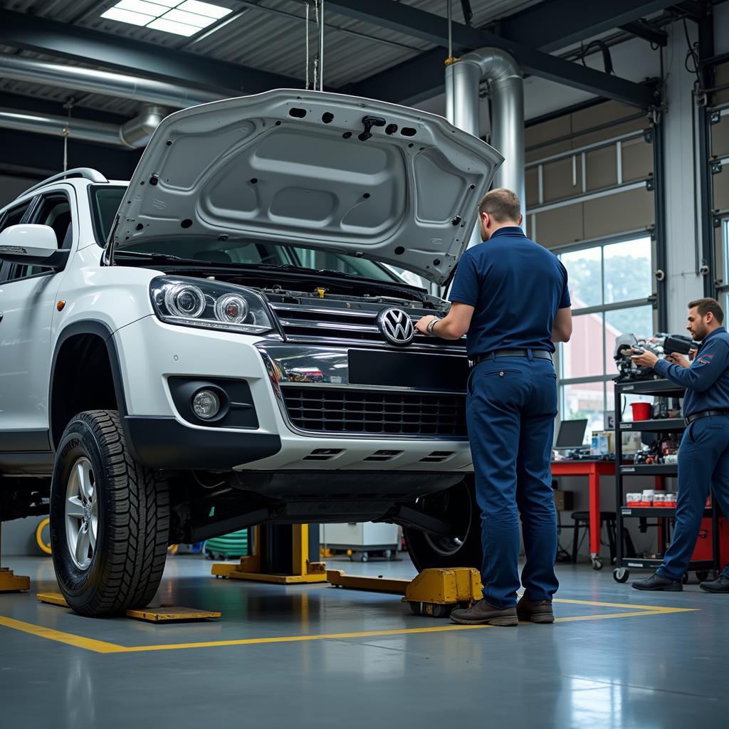 Car on a lift in a repair shop