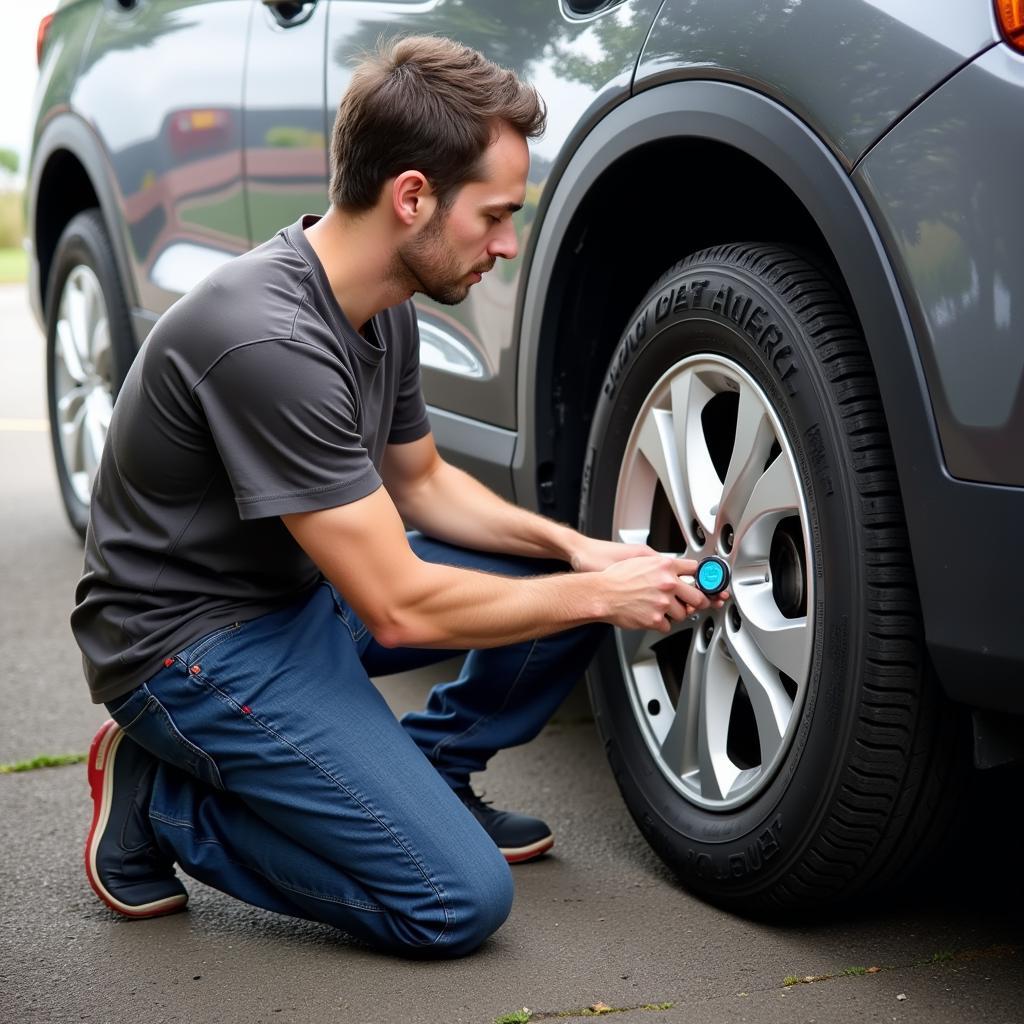 Car Owner Checking Tire Pressure Using a Gauge