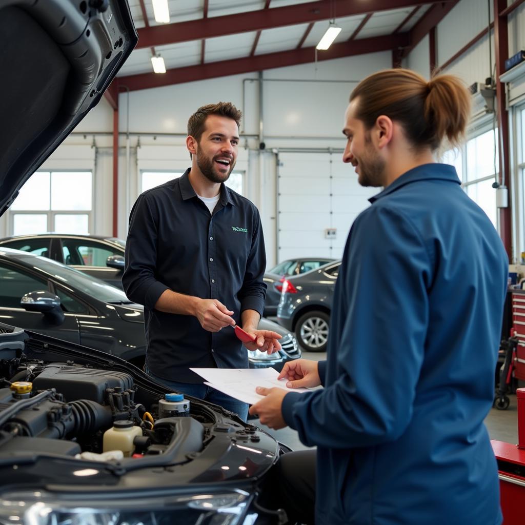 Car Owner Discussing Diagnosis with Mechanic