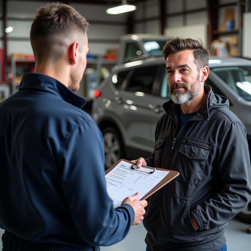 Car Owner Discussing Repair Costs with Mechanic