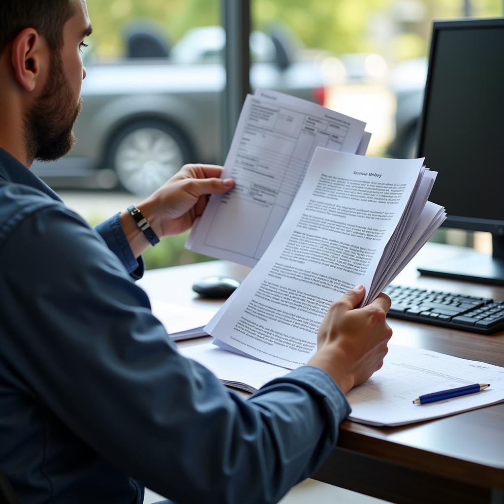 Car Owner Reviewing Dealership Maintenance Records