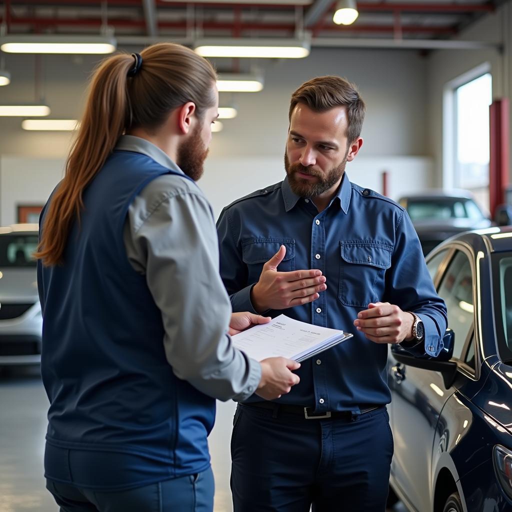 Car owner reviewing repair estimate with mechanic