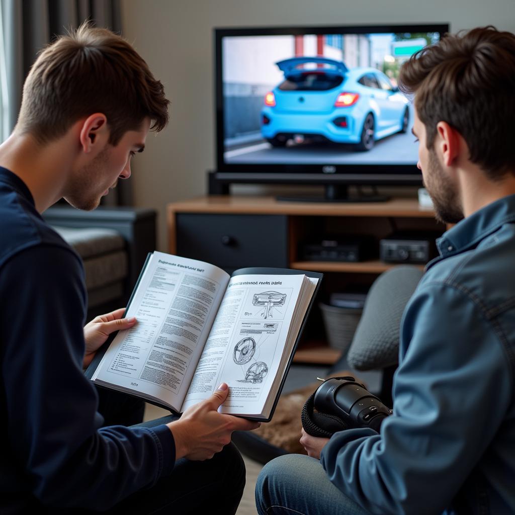 Car Owner Using Repair Manual After Watching TV Show