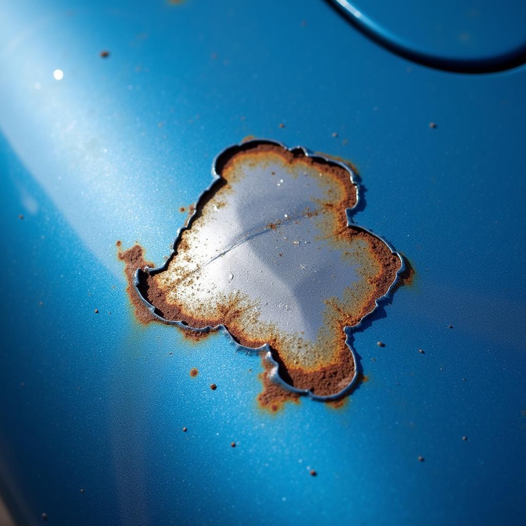 Close-up view of a paint chip on a car's hood