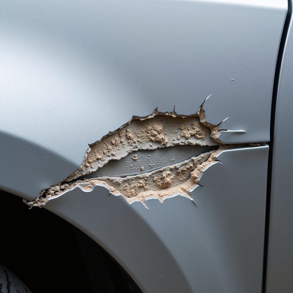 Car paint chipping from rock impact